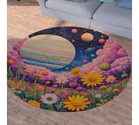 Sshjfeu Univers Fantaisie Marguerite Petit Tapis de Sol, Cosmos Ciel Étoilé Floral Tapis Salon Rond à Poils Courts 100 cm, Chambre Enfant, Descente de Lit Chambre Adulte, Antidérapant Lavable