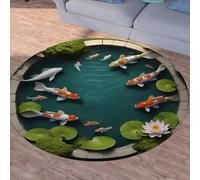 Sshjfeu Zen Carpe Koi Étang Lotus Petit Tapis de Sol, Feuille de Lotus Tapis Salon Rond à Poils Courts 80 cm, Chambre Enfant, Descente de Lit Chambre Adulte, Antidérapant Lavable
