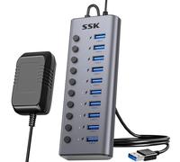 SSK 10Port alimenté USB 3.0 Hub,diviseur d’Extension USB en Aluminium avec interrupteurs individuels et LED, Hub de Charge de données 5Gbps avec Adaptateur DC12V5A câble de 3,93 Pieds de Long
