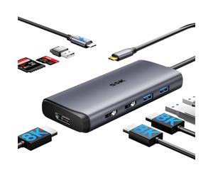 SSK Station d'accueil USB C 3 moniteurs, 9 en 1 Single 8K/Dual 4K60Hz Hub USB C DisplayPort Dock avec 2 Ports HDMI, DisplayPort, 100 W PD, 3 USB, SD/TF, Station d'accueil pour Ordinateur Portable