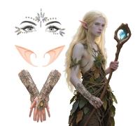 SSKHE 3 Pièces Oreilles D'Elfes, Renaissance Elfe Costume Accessoires, Costume d'elfe Gants, Stickers Visage,Lutin Oreilles Pointues,Elfe Oreille Costume, pour Halloween, Noël,Jeu de rôle