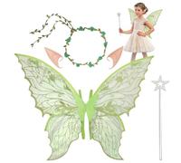 SSKHE 4PCS Fairy Wings Set， Ailes De Papillon, Oreilles d'Elfe, Baguette Magique, Bandeau Floral pour Noël Halloween Theme Party (Vert)