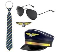 SSKHE 4pcs un costume de commandant de bord, costume de pilote d'Halloween, robe rayée d'épaule, fournitures de jeu de rôle de partie de commandant de bord, chapeau de pilote de compagnie aérienne