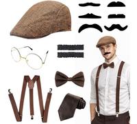 SSKHE 7pcs Accessoire Annee 20 Homme, Great Gatsby Gangster Costume, Années 1920 Déguisement, avec Chapeau Panama Montre de Poche Bretelles Noeud Papillon Barbes Lunettes pour Carnaval (Marron)