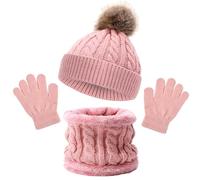 SSKHE Bonnet Enfant Tricoté Tour de Cou Chaud Gants Hiver Ensemble 3 Pièces Chapeau Écharpe Tricot Doublure Épaisse pour Fille Garçon (Rose)