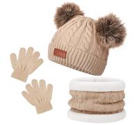SSKHE Bonnet Enfant Tricoté Tour de Cou Chaud Gants Hiver Ensemble 3 Pièces Chapeau Écharpe Tricot Doublure Épaisse pour Fille Garçon (Beige2)