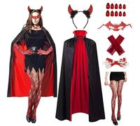 SSKHE Devil Halloween Costumes pour Femmes, 140cm Long Manteau avec Masque Corne Gant Bas ongle, 40 en 1 Pack Accessoires pour Masquerades et Fêtes à Thème