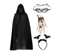 SSKHE Ensemble complet Vampire 4 pièces pour femmes - avec manteau noir de 120 cm, bandeau têtes cornes, masque d’yeux & bracelet - Parfait pour Halloween, fêtes & cosplay