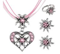 SSKHE Ensemble de 4 Pièces Bijoux Edelweiss Strass Rose, Bijoux pour Dirndl Bavaroise. Collier Cœur, Bague et Boucles d'Oreilles à Edelweiss, Accessoires Éclatants pour Oktoberfest et Fêtes de Bière
