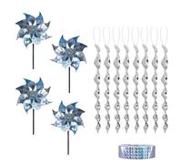SSKHE Kit Anti-Oiseaux Combiné : 1 Rouleau de Ruban Réfléchissant Double Face + 4 Moulins à Vent + 8 Barres Spirales | Protection Humaine Contre Les Oiseaux pour Jardin, Verger