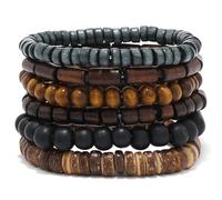 SSKHE Lot de 6 Bracelets Homme Perles de Bois, Bracelet Gothique Multilayer Adjustable Élastique Naturel Méditation Prière Cuff Bangle Bijoux Set Rétro
