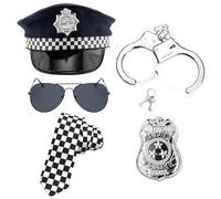 SSKHE Paquet de 5 accessoires de costume de police y compris chapeau de policier, menottes en métal et emblèmes de police, lunettes de soleil noires, Carnaval Halloween tenue de flic