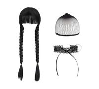 SSKHE Perruque Noire pour Adulte et Enfant, Style Mercredi Addams, Coiffure Cosplay pour Halloween, Perruque tressée pour Costume, Accessoire pour Femme et Fille