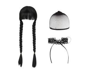 SSKHE Perruque Noire pour Adulte et Enfant, Style Mercredi Addams, Coiffure Cosplay pour Halloween, Perruque tressée pour Costume, Accessoire pour Femme et Fille
