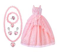 SSKHE Princesse Costume, Filles Costume Habillage avec Bague Bracelet Boucles D'oreilles Collier,Princesse Robe pour Fête d'anniversaire Halloween Noël Cosplay (130CM)