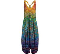 SSLLH Mono de verano para mujer, estilo bohemio, estampado, sin mangas, vintage, informal, suelto, ligero, de una sola pieza, para niña, mono de verano para verano