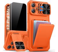 SSLOTSCASE Coque pour iPhone 17 Pro Max avec 2 protecteurs d'écran de confidentialité, porte-cartes de crédit, support, protecteur d'objectif coulissant et béquille, coque de téléphone robuste de