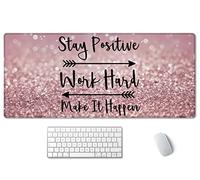 SSOIU Tapis de souris de jeu étendu 90,2 x 40,9 cm Stay Positive Work Hard and Make It Happen avec citations inspirantes Or rose et argent Paillettes Noir Grand tapis de souris antidérapant