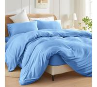 SSW HOMES Ensemble de housse de couette grand lit (Bleu clair) - 3 pièces en microfibre brossée teinte unie - Ensemble de literie avec fermeture à boutons comprenant 1 housse de couette et 2 taies