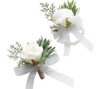 SSyang 2 PièCes Rose BoutonnièRe, Boutons de Poignet en Satin avec Fleur et Corsage pour Poignet de Mariage, BoutonnièRe pour Homme pour Bal de Fin D'année, Fête de Mariage (Blanc)
