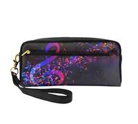 SSYGHT Petite trousse de maquillage en cuir coloré avec imprimé note de musique galaxie - Trousse de toilette de voyage pour femme, pochette cosmétique réutilisable avec fermeture éclair, noir, taille