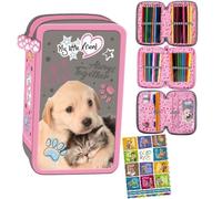 St. Majewski - Trousse à 3 compartiments - Trousse pour filles et garçons - Trousse à 3 compartiments - Trousse remplie - Trousse d'écolier et cahier de devoirs, chien, 3-fähig, Classique