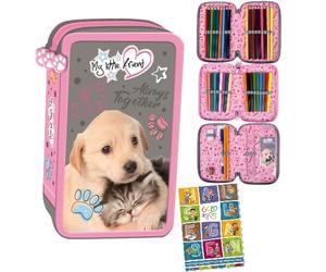 St. Majewski - Trousse à 3 compartiments - Trousse pour filles et garçons - Trousse à 3 compartiments - Trousse remplie - Trousse d'écolier et cahier de devoirs, chien, 3-fähig, Classique