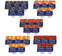 ST MAMET | 25 Barquettes de confiture assortie | 5 PARFUMS: Fraise, Abricot, Pêche, Prune, Groseille | dose individuelle de 25