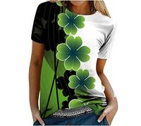 St Patrick Day T-shirt à manches courtes avec col rond Lettres de fleurs Top Décontracté Slim T-shirt Chemisier Femme Haut Paillettes, Blanc., L