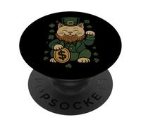St Patrick's Day Cat Statue Lucky Clover Charm Adult Kids PopSockets PopGrip Adhésif