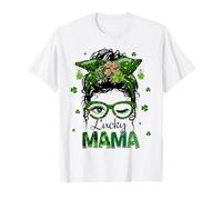 St Patrick's Day Leopard Lucky Mama Messy Bun Shamrock Green T-Shirt