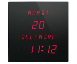 Stab High Tech Parts Horloge Calendrier Murale à LED Rouges CT2828R 28x28x3.2cm Noir - Affichage Jours/Mois en Toutes Lettres - Français, Anglais, Espagnol