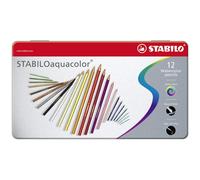 STABILO Crayons de couleur Aquacolor 1612-5 – Aquarellables, étui métal, mine Ø2,8 mm, boîte 12