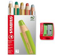 STABILO Boîte de 5 crayons multi-talentueux Woody 3 en 1 - Rouge, vert foncé, blanc, argent et or + taille-crayon