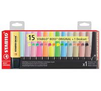 STABILO BOSS ORIGINAL - Surligneur pointe biseautée 2 et 5 mm - Set de bureau de 15 coloris assortis fluo, pastel + 1 marqueur noir