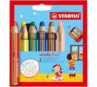 STABILO - Crayon de couleur - woody 3en1 - Etui carton x 6 crayons de couleur enfant - taille-crayon inclus - coloris assortis