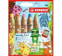 STABILO - Crayons de couleur - Woody 3in1 Animal Vibes - 5 crayons de couleur décorés -taile crayons inclus - étui carton Animal Vibes
