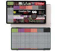STABILO Creative Tips - Feutre dessin - Boîte métal x 30 stylos de calligraphie à pointe assorties 0.2; 0.4; 0.7; 1 mm et brush - couleurs pastels