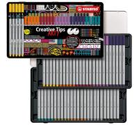 STABILO Creative Tips - Feutre dessin - Boîte métal x 50 stylos de calligraphie à pointe assorties 0.2; 0.4; 0.7; 1 mm et brush