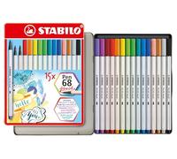 STABILO Feutre Pen 68 Brush – Pointe pinceau, qualité supérieure – Étui métal 15 couleurs