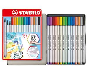 STABILO - Feutre de qualité supérieure avec pointe pinceau pour des épaisseurs de trait variables - Pen 68 brush - Étui en métal de 15 couleurs différentes