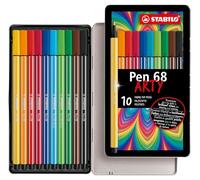 STABILO Feutre dessin Pen 68 - Boîte métal x 10 feutres de coloriage pointe moyenne -gamme ARTY