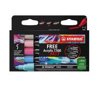 STABILO FREE Acrylic T300 - Marqueur acrylique -Etui carton x 5 marqueurs peinture - Pointe moyenne - Set 1 "Candy"