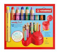 Stabilo Lot De 2 Sets X 15 Crayons Multi-Talents Woody 3 In 1 + 1 Taille-Crayon + 1 Plateau De Rangement