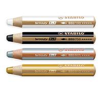 STABILO Lot de 4 crayons multi-talents Woody 3 en 1 Noir, Blanc, Or et Argent