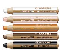 STABILO Lot de 5 crayons Woody multi-talentueux 3 en 1 - Blanc chair clair, orange, marron et noir + taille-crayon