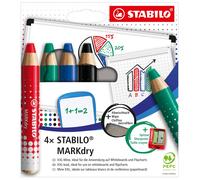 STABILO - Crayons marqueurs MARKdry - Étui 4, mine XXL effaçable, taille‑crayon & chiffonnette