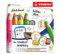 Stabilo MarkDry Crayon marqueur effaçable à sec PEFC pour tableau blanc - Etui de 4 coloris néon fluo assortis