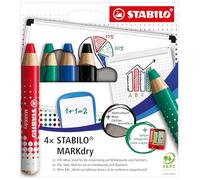 STABILO MARKdry - Crayon marqueur - Etui carton x 4 Crayons Ardoises et Tabeaux Blancs, Crayon Large à Mine XXL, Effaçable, Taille-crayon + chiffonnette - Coloris assortis noir, bleu, rouge, vert