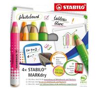 STABILO Marqueurs pour tableau blanc et tableau à feuilles - MARKdry - Lot de 4 avec taille-crayon et chiffon de nettoyage - Disponible en quatre couleurs fluo